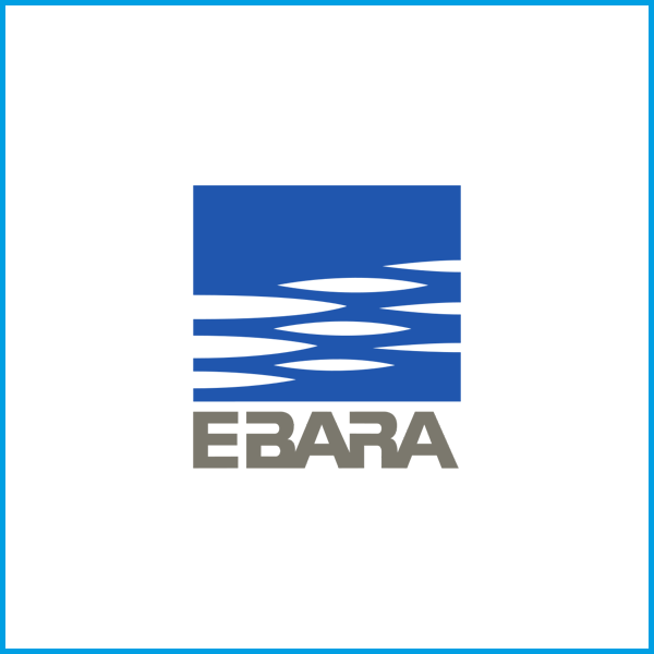 EBARA Logo Logo von EBARA mit blauen Wellenlinien über dem Schriftzug.