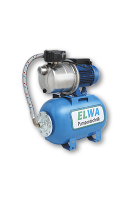 Wasserdrucksystem mit blauem Tank und Motor zur Druckerhöhung.