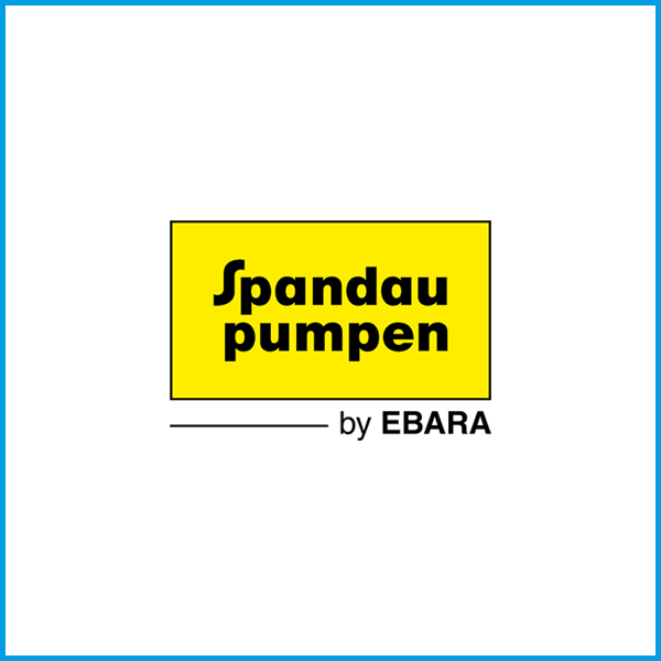 SPANDAU Logo Logo von Spandau Pumpen, gelbes Rechteck mit schwarzem Text, darunter "by EBARA".