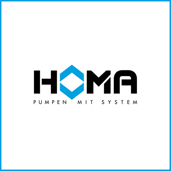 HOMA Logo Logo von HOMA, mit dem Slogan "Pumpen mit System" in schwarzer Schrift.