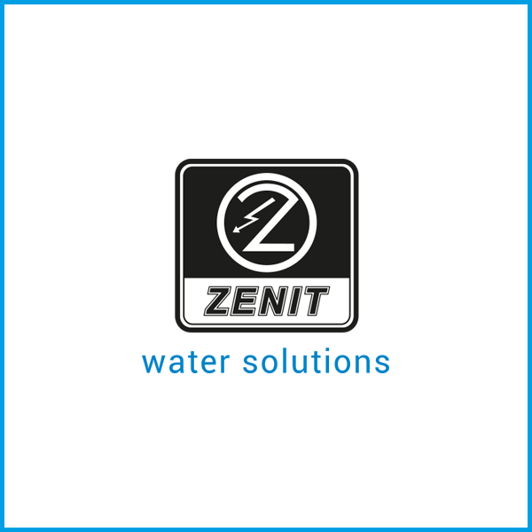 ZENIT Logo Logo von Zenit mit dem Slogan "water solutions" in blauer Schrift.