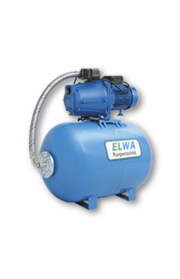 Blauer Druckbehälter mit Pumpe, geeignet für Wasserversorgungssysteme.