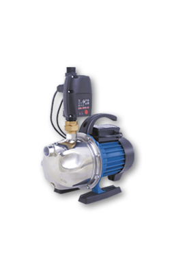 Wasserpumpe mit silbernem Gehäuse und blauem Motor. Ideal für Bewässerung.